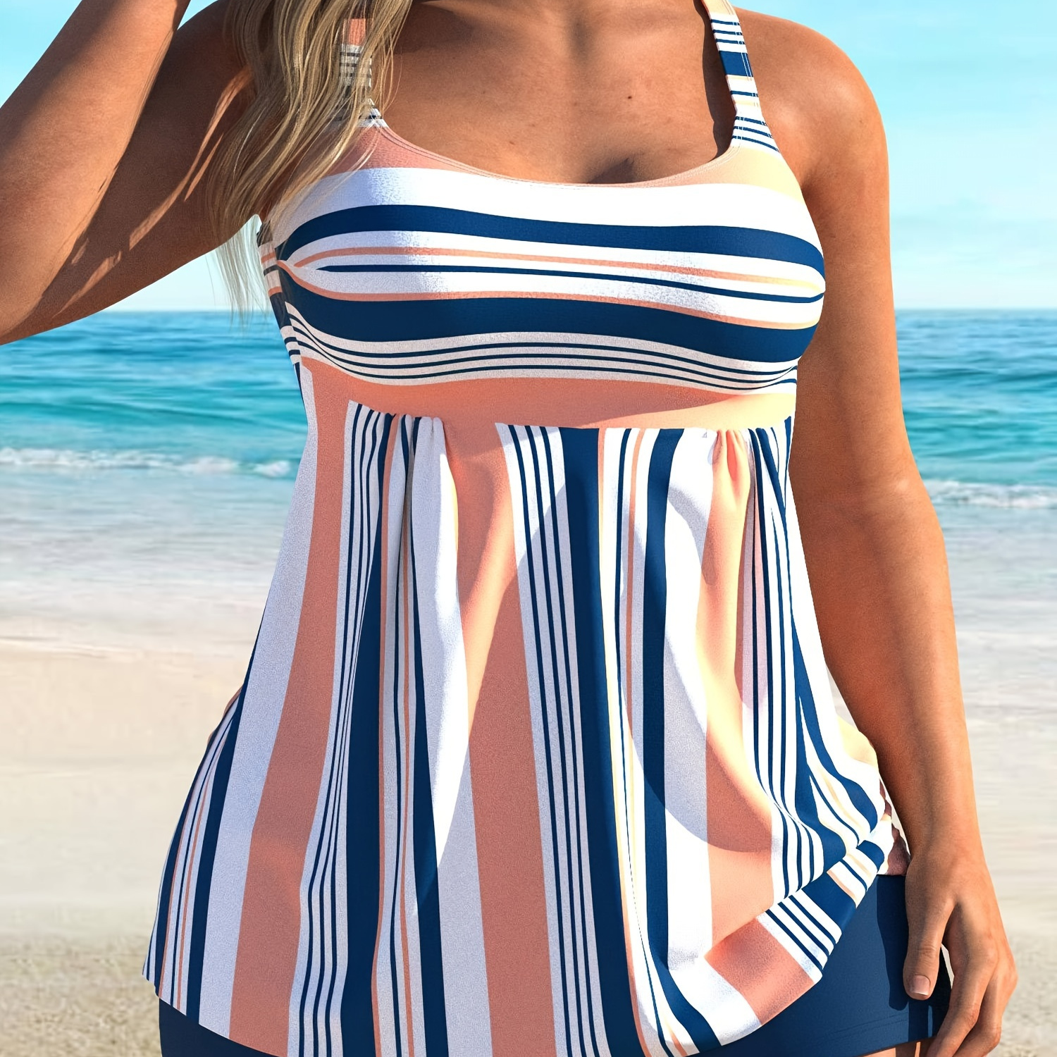 

Women's Casual Tankini Set, Plus Size Striped Print Round Neck Top & Boxer Short Bottom Swimsuit 2 Piece Set