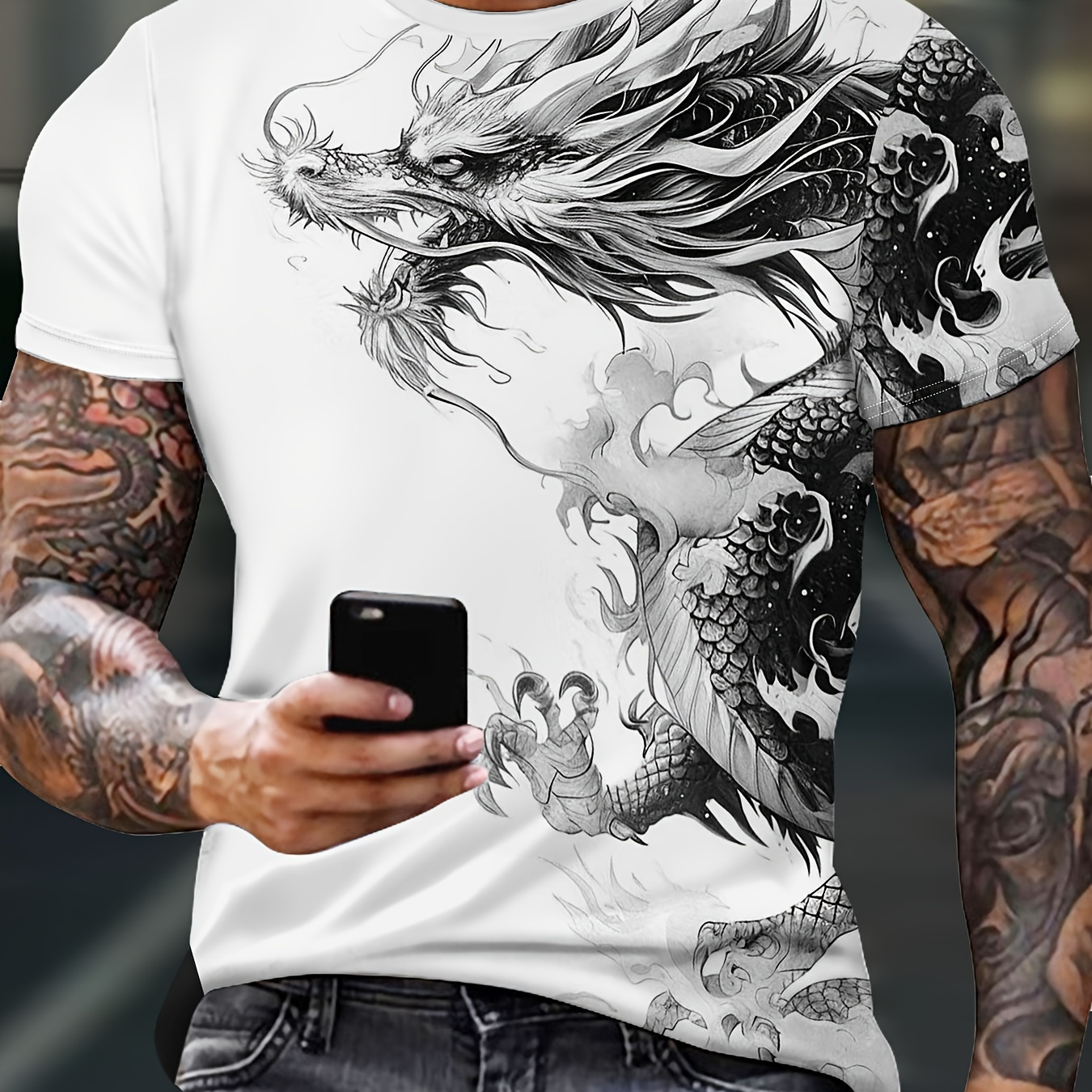 

Men's Dragon Print T-shirt, Casual Breathable Fabric Graphic Tee, Short Sleeve Shirt