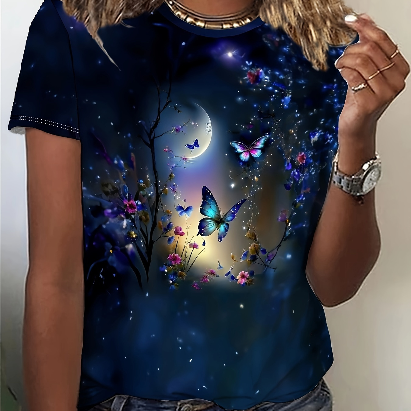 

T-shirt à col rond avec impression papillon et lune, t-shirt décontracté à manches courtes pour le printemps et l'été, vêtements pour femmes