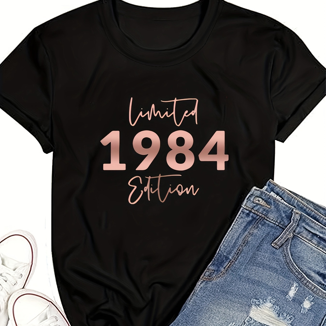 

1984 Print Crew Neck T-shirt, Short Sleeve Casual Top For Summer & Spring, Women's Clothing