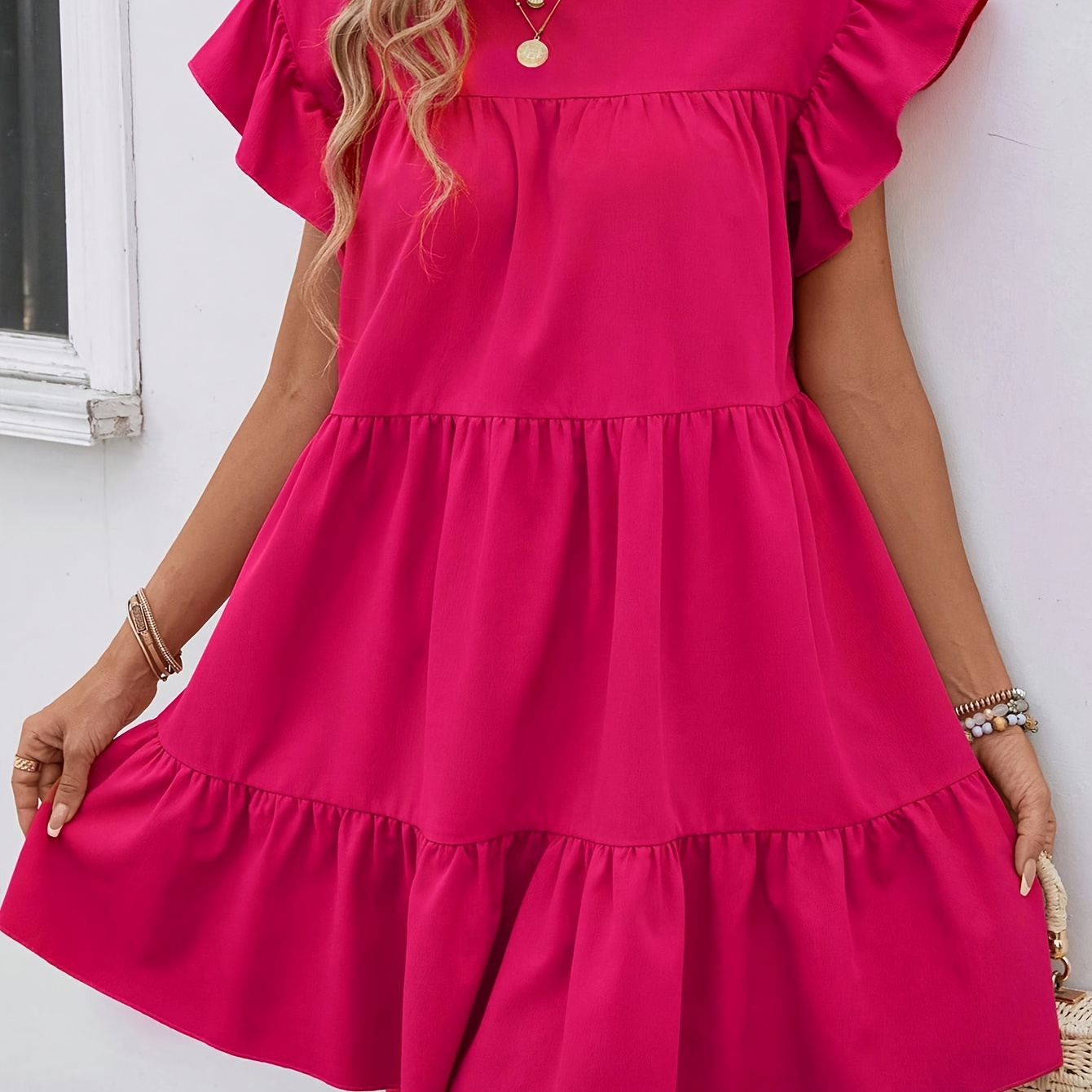 

Solid Crew Neck Tiered Dress, Casual Sleeve Loose Dress For , Women's Clothing