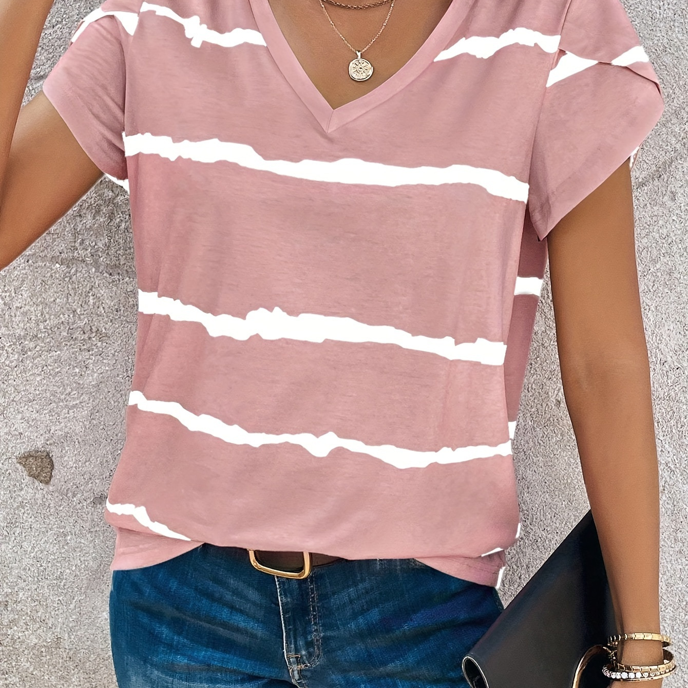 

Striped Print V-neck T-shirt, Casual Petal Sleeve T-shirt For Spring & Summer, Women's Clothing