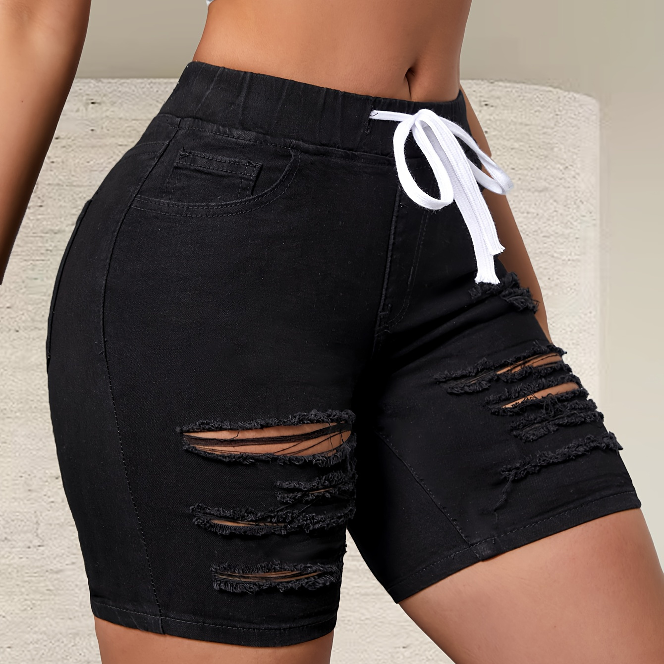 

Women's Elegant Black Color Plain Ripped Bermuda Denim Shorts With Drawstring Waist And Pockets, Mid-thigh Length Casual Summer Fashion