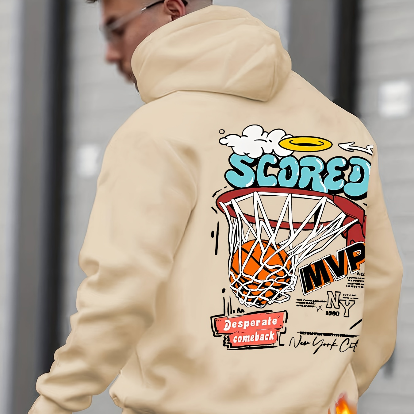 

Scored And Anime Basketball With Clouds Graphic Print Hoodie, Cool Sweatshirt For Men, Men's Casual Hooded Pullover Streetwear Clothing For Spring Fall Winter, As Gifts