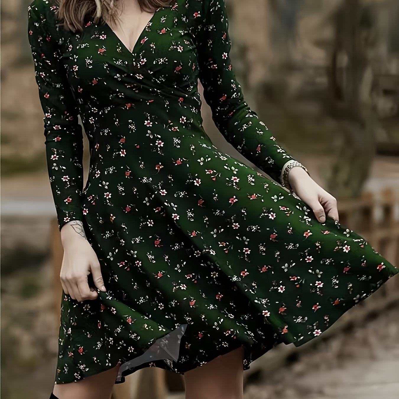 

Elegant Floral Print Long Sleeve V-neck A-line Dress For Women - Green With Red Flowers, Polyester And Spandex , Autumn/winter, Casual Elegant Wear|floral Aline Dress| Fabric