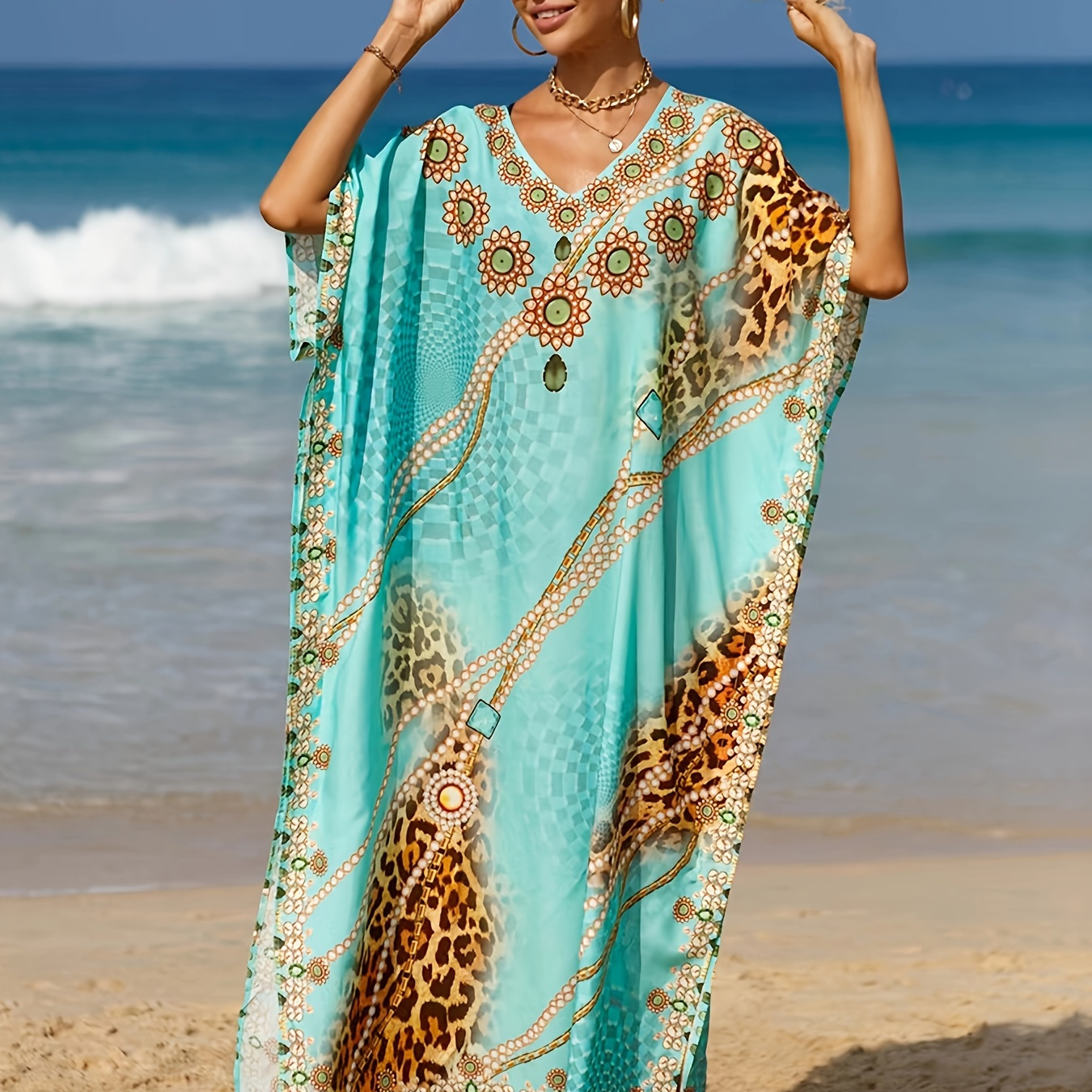 

Plus Size Leopard Print Splicing Dress, Casual V Neck Short Sleeve Slit Dress, Women's Plus Size Clothing