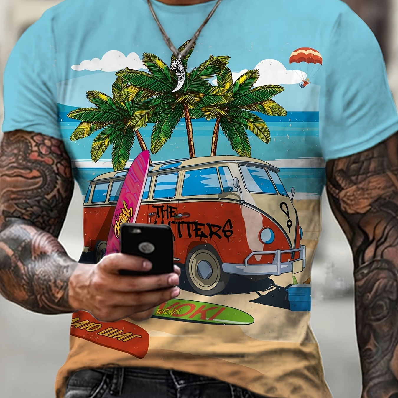 

Plus Size Men's Summer Vibes Bus Graphic Print T-shirt For Summer, Trendy Short Sleeve Tees