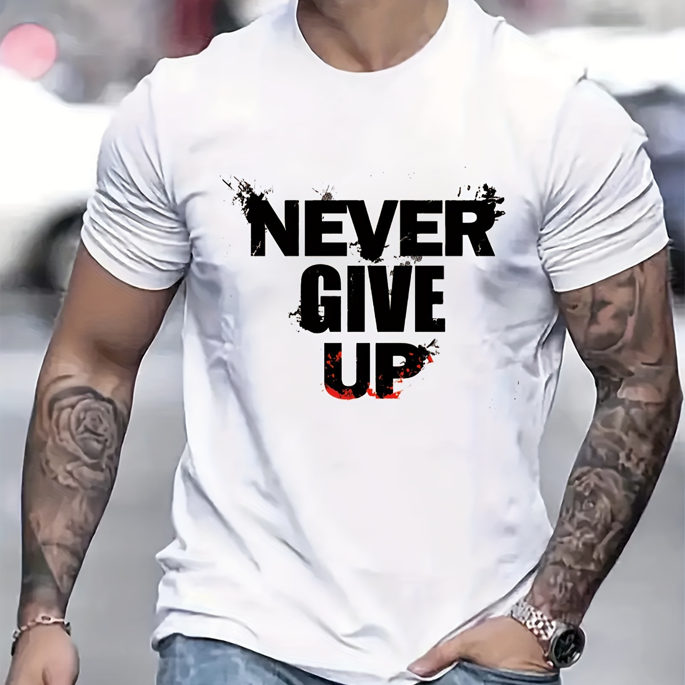 

Never Give Up Letter Print Men's Short Sleeve T-shirts, Comfy Casual Elastic Crew Neck Tops For Men's Outdoor Activities