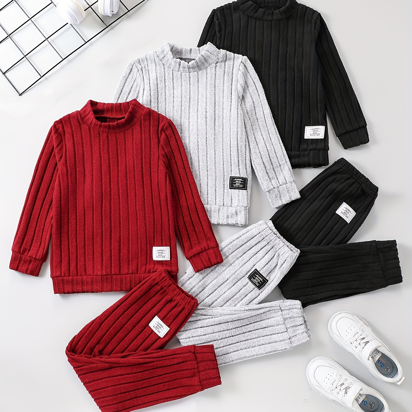 

Casual Long Sleeve Ribbed Knit Top & Joggers Set, Letter Patched, 6-piece Boys Co Ord Set For Spring Fall