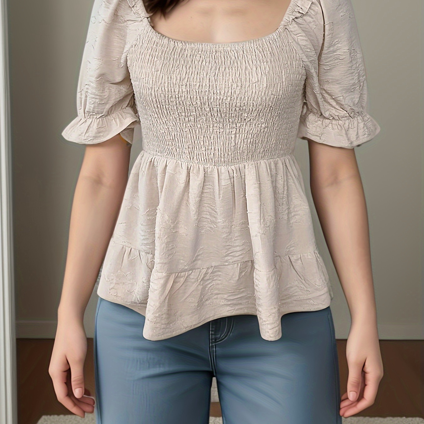 

Applique Square Neck Blouse, Elegant Shirred Bust Puff Sleeve Top For Spring & Summer, Women's Clothing