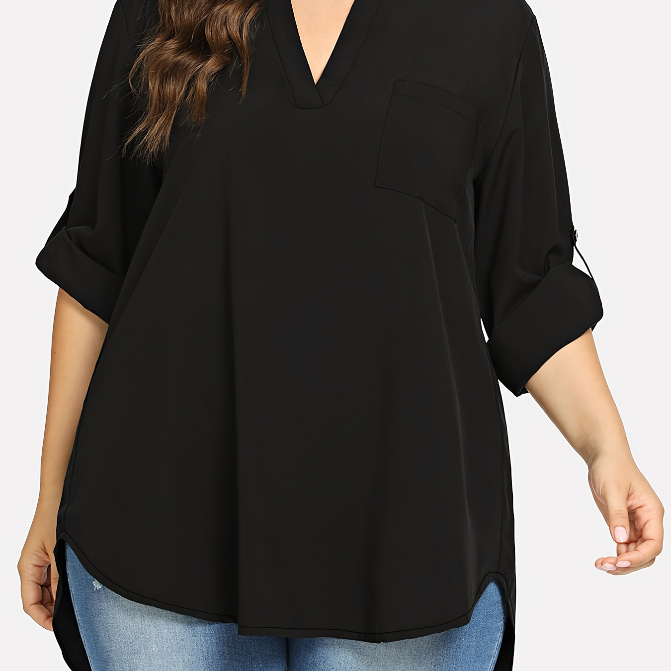 

1pc Women's Plus Size Casual V-neck Long Sleeve Tunic Top - Solid Color Polyester , Loose Fit, Front Short Back Long Design, H-line Silhouette For All