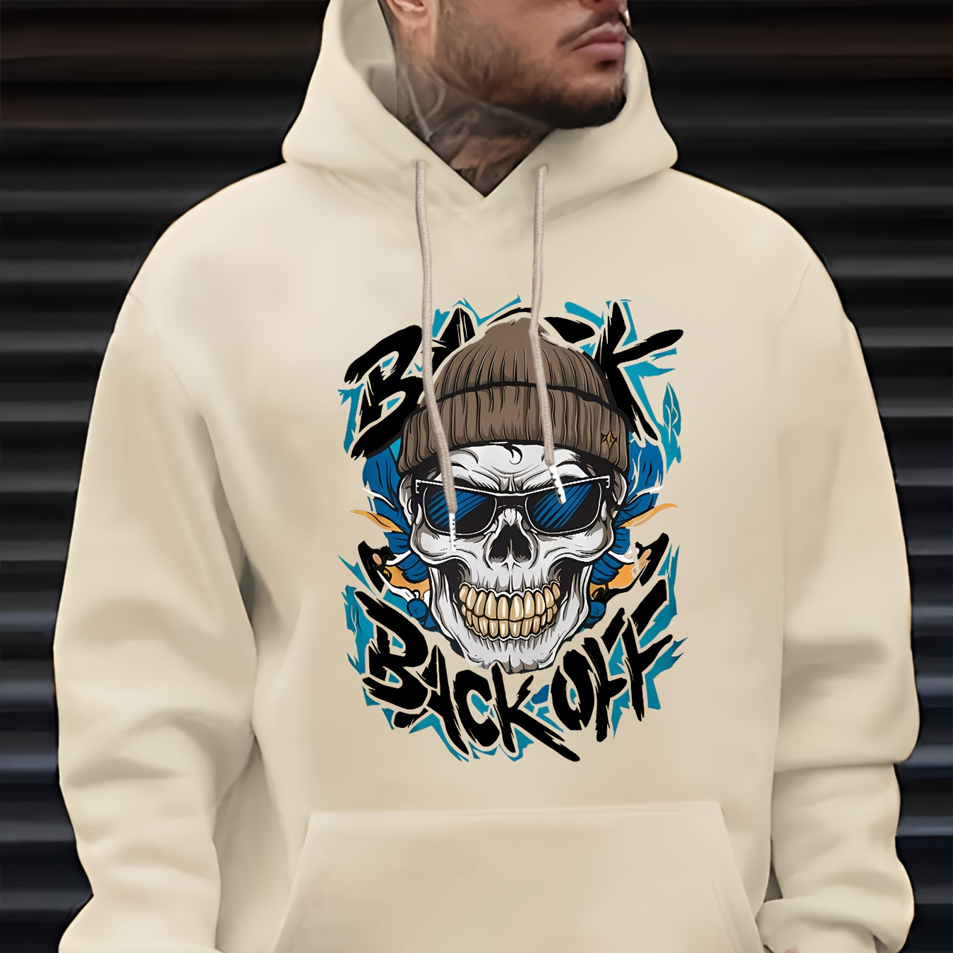 

Men's Fashion Skull "back Off" Letter Print Hoodie Casual Polyester 100% Pullover With Drawstring Hood Slight Stretch Knit Fabric Regular Fit Long Sleeve Hooded Sweatshirt For Fall/winter