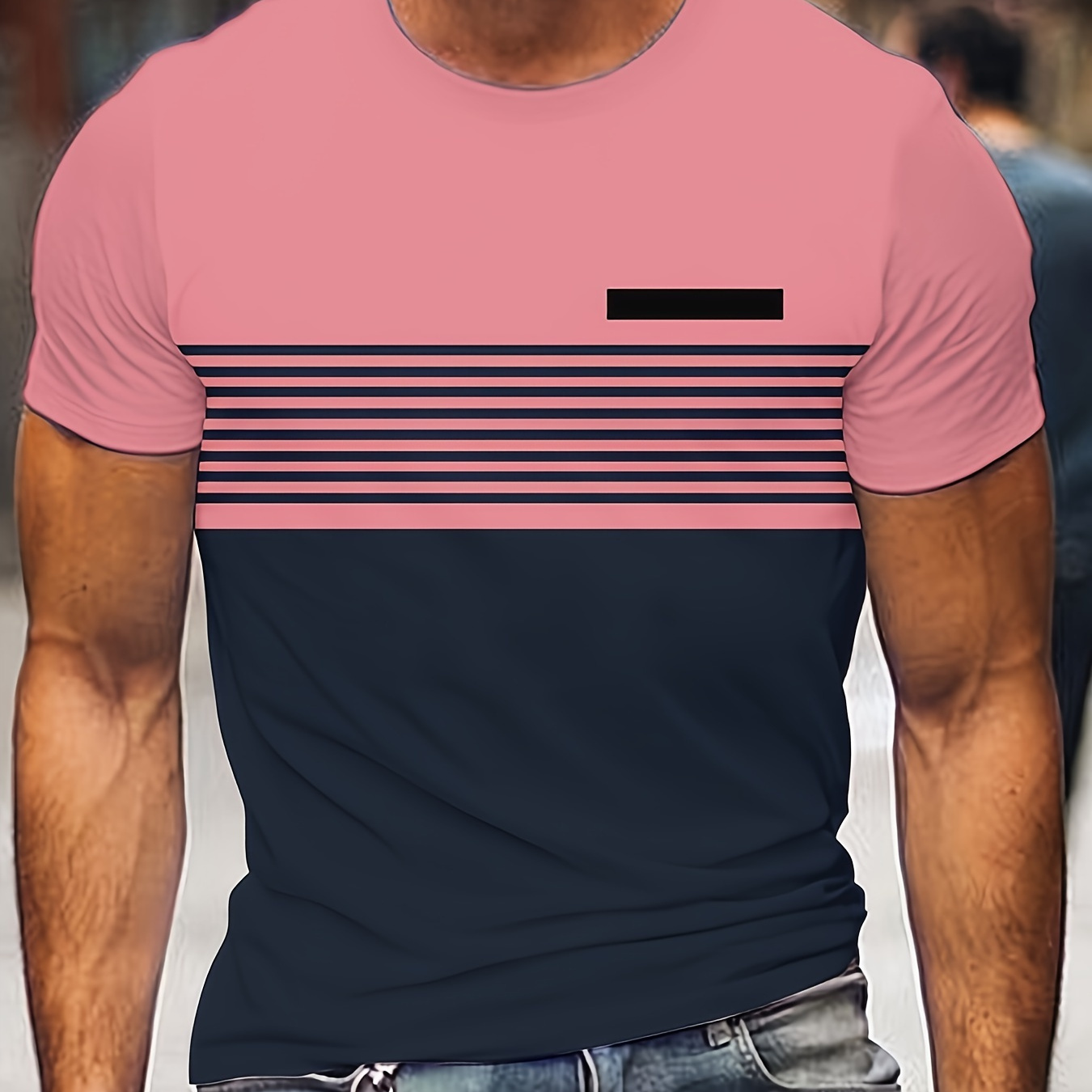 

Men's Summer Casual T-shirt, Digital Print Striped, Short Sleeve Outdoor Sports Tee, Round Neck, Slim Fit And Breathable
