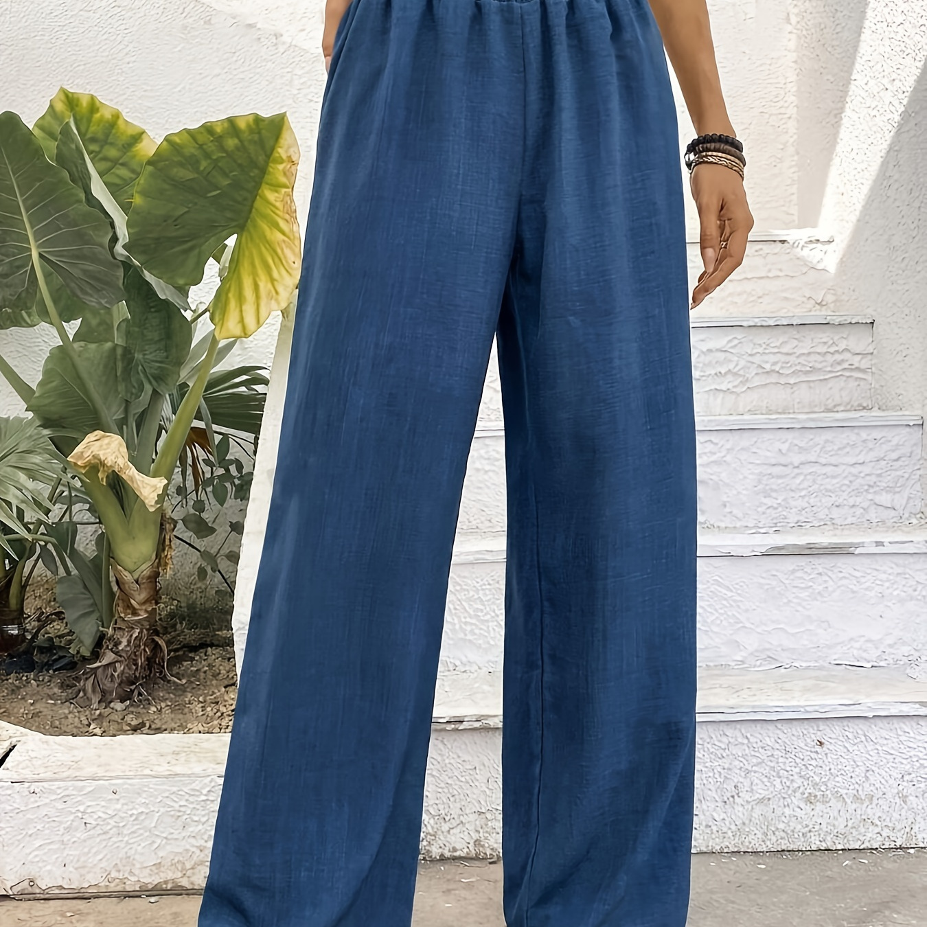 

Solid Color Wide Leg Pants, Casual Shirred Loose Pants For Spring & Summer, Women's Clothing