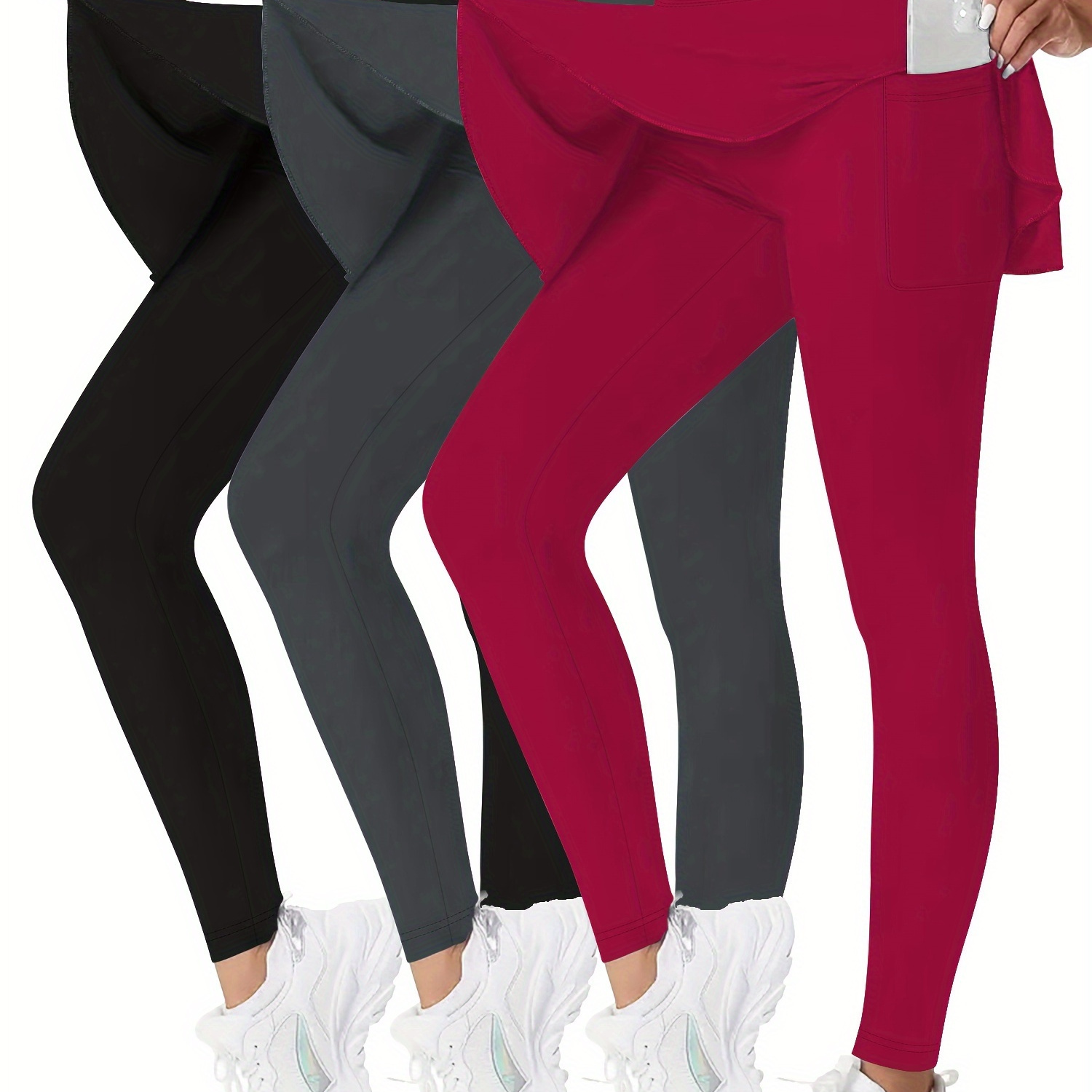 

3pcs Women Tennis Skirted Leggings With Pockets, Yoga Leggings With Skirts Tennis