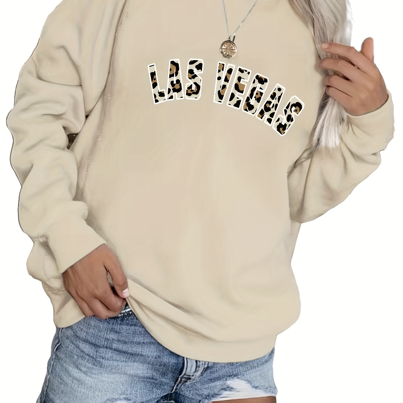 

Las Vegas Letter Print Sweatshirt, Casual Crew Neck Long Sleeve Sweatshirt, Women's Clothing