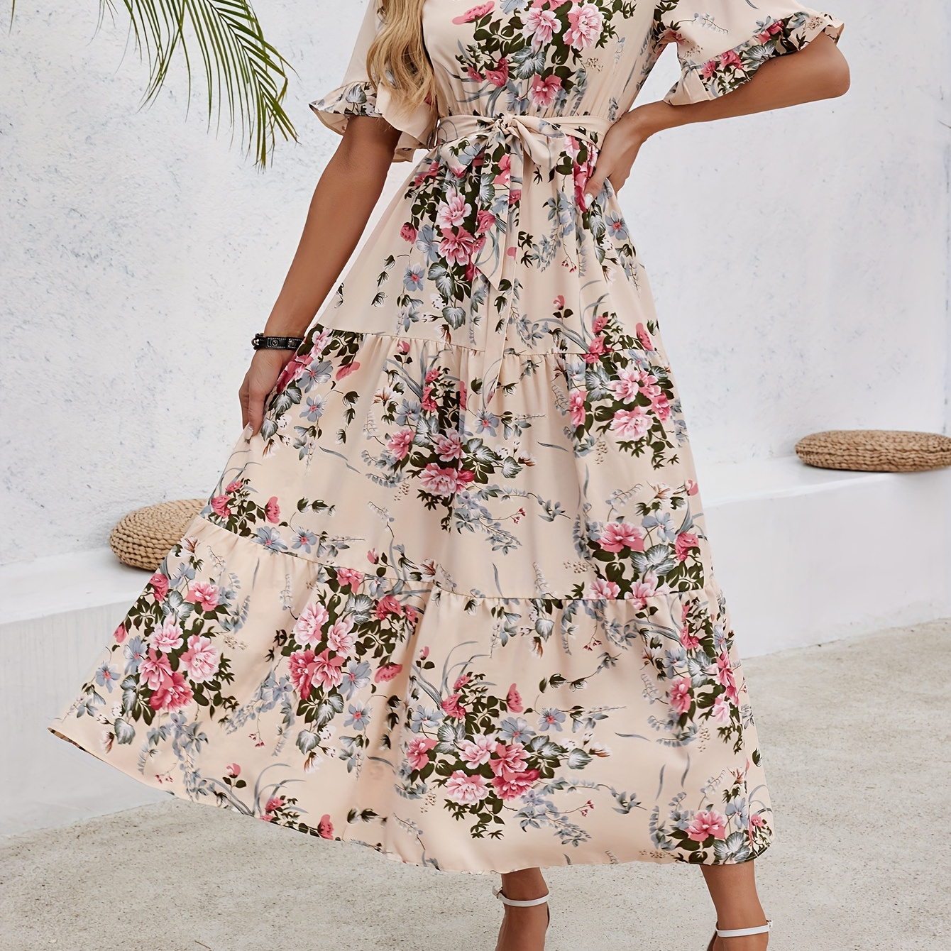 

Floral Print Ruffle Hem Dress, Elegant V Neck Above Elbow Tie Waist Dress For Spring & Summer, Women's Clothing