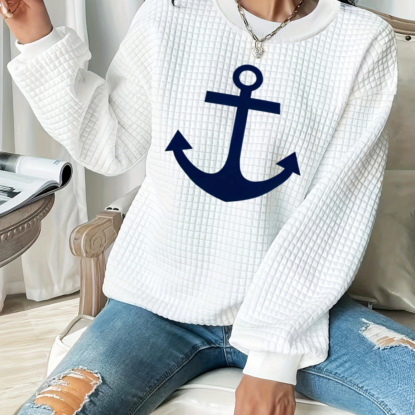 

Plus Size Anchor Print Sweatshirt, Crew Neck Casual Sweatshirt For Fall & Spring, Women's Plus Size Clothing