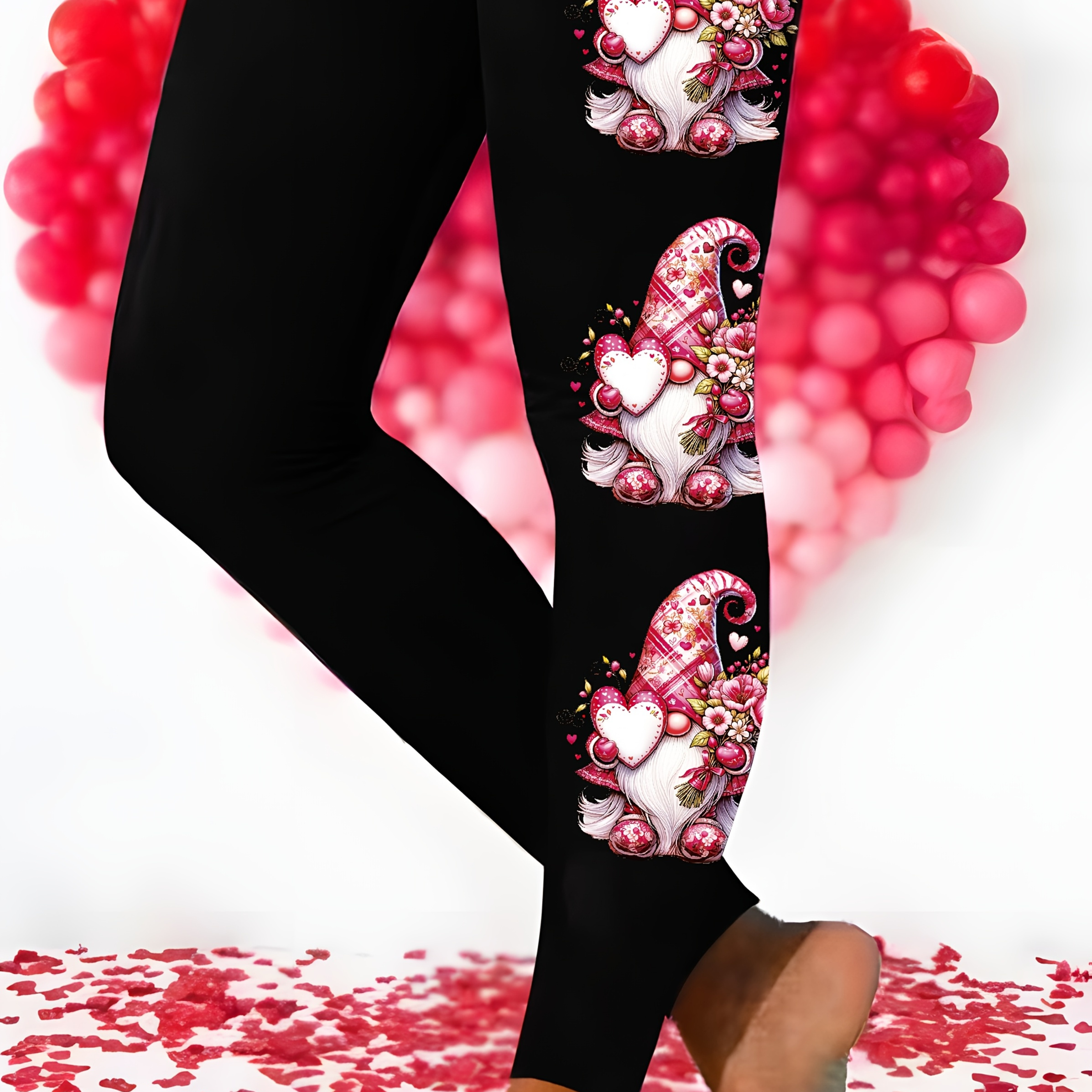 

1pc Elegant High Stretch Skinny Leggings For Women, 95% Polyester 5% Elastane, Knit Fabric Pattern, For Valentine's Day - Print