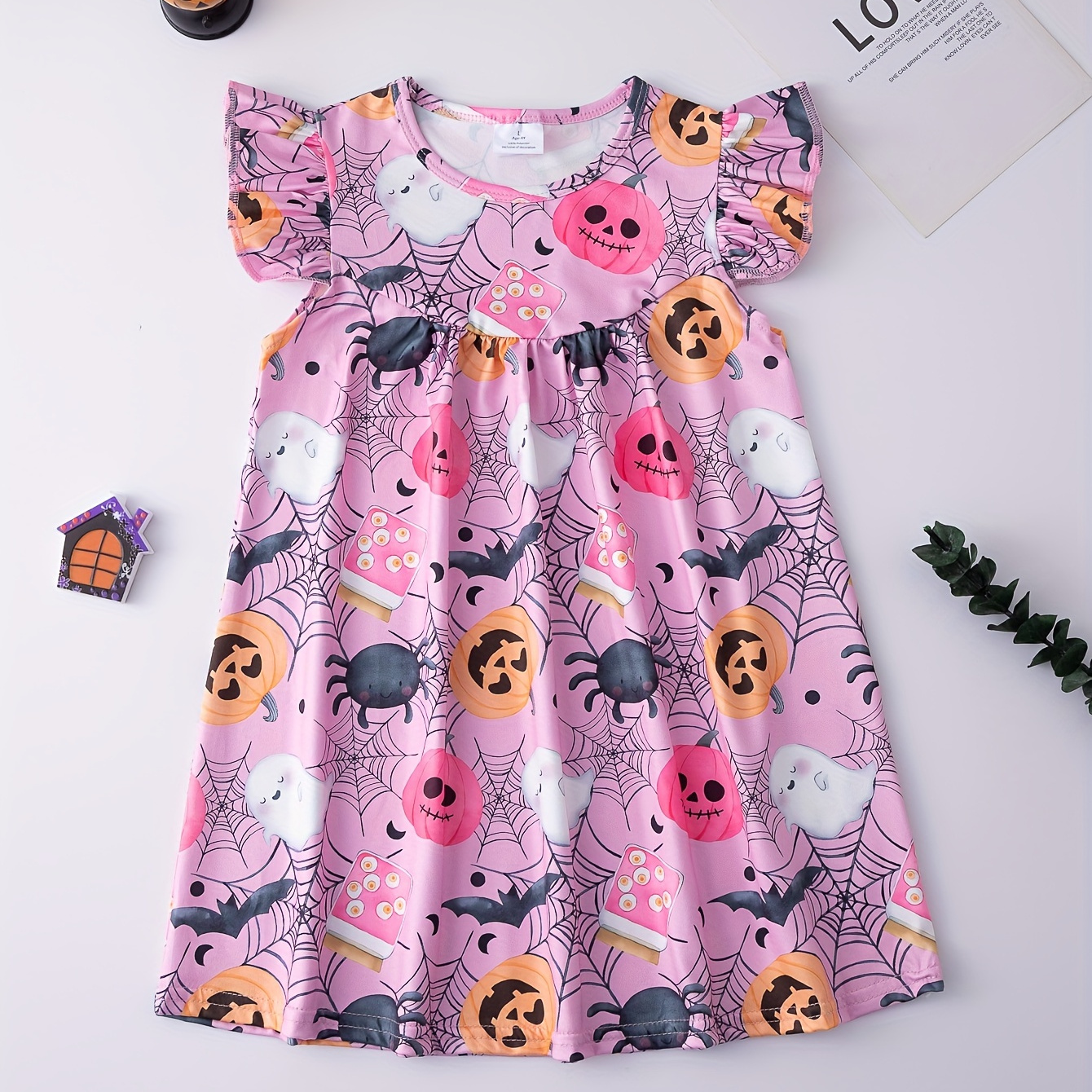 

Girls Cute & Casual Allover Cartoon Bats & Pumpkins Graphic Print Flutter Sleeve Dress For Spring & Summer As Gifts For Halloween