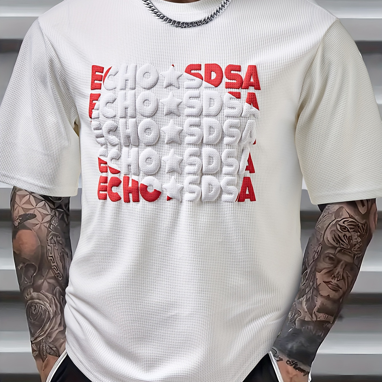 

Men's Alphabet Foam Print "echo Sdsa" Waffle Knit T-shirt With Crew Neck And Short Sleeve, Casual And Chic Tops For Men's Summer Outdoors Wear