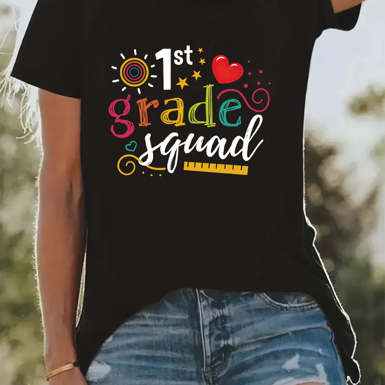 

1st First Grade Squad Print T-shirt, Casual Crew Neck Short Sleeve Top For Summer & Spring, Women's Clothing