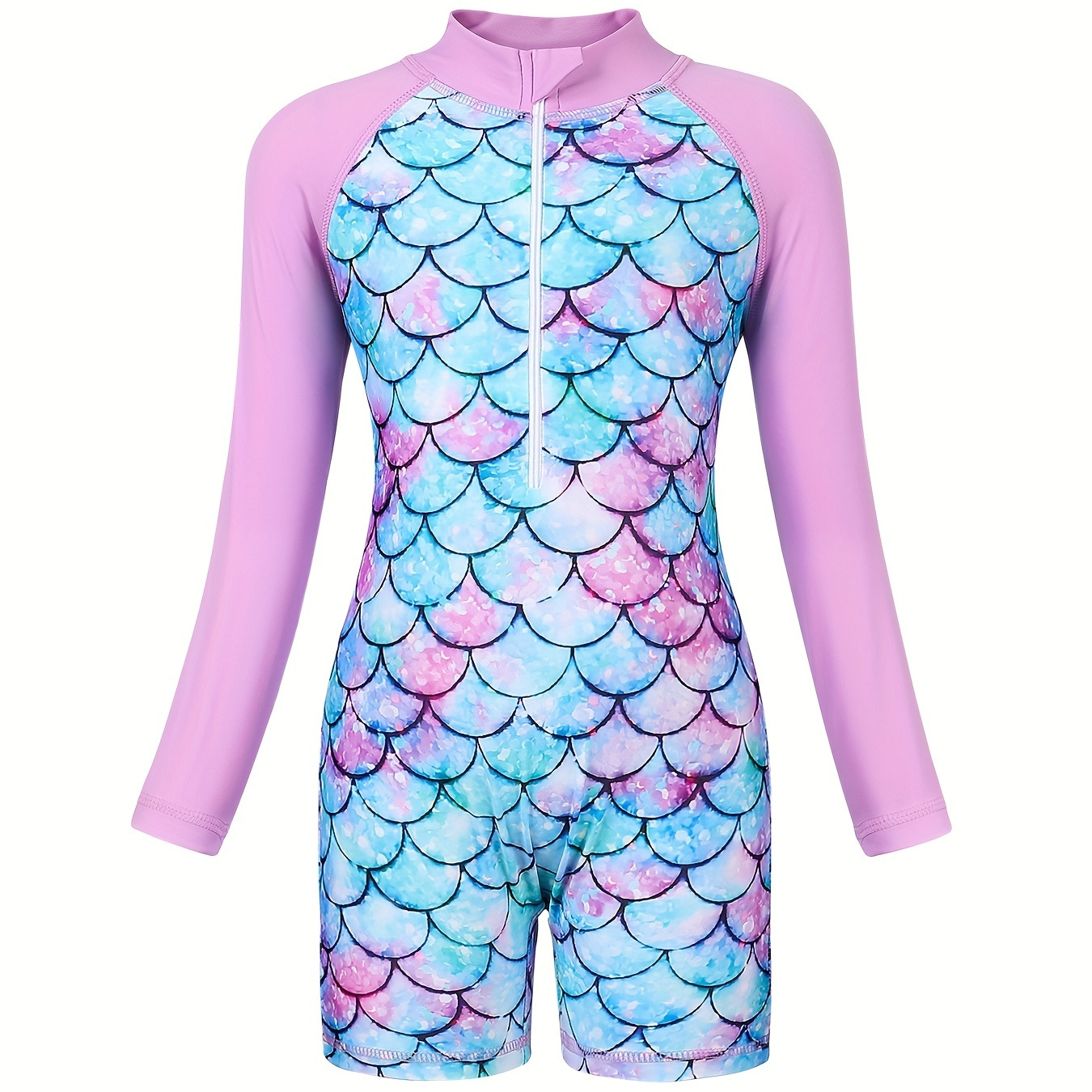 Toddler Girls Fish Scales Graphic Zipper Long Raglan Sleeve One Piece Swimsuit Kids Summer Beach Clothes Sun Protection Bathing Suits