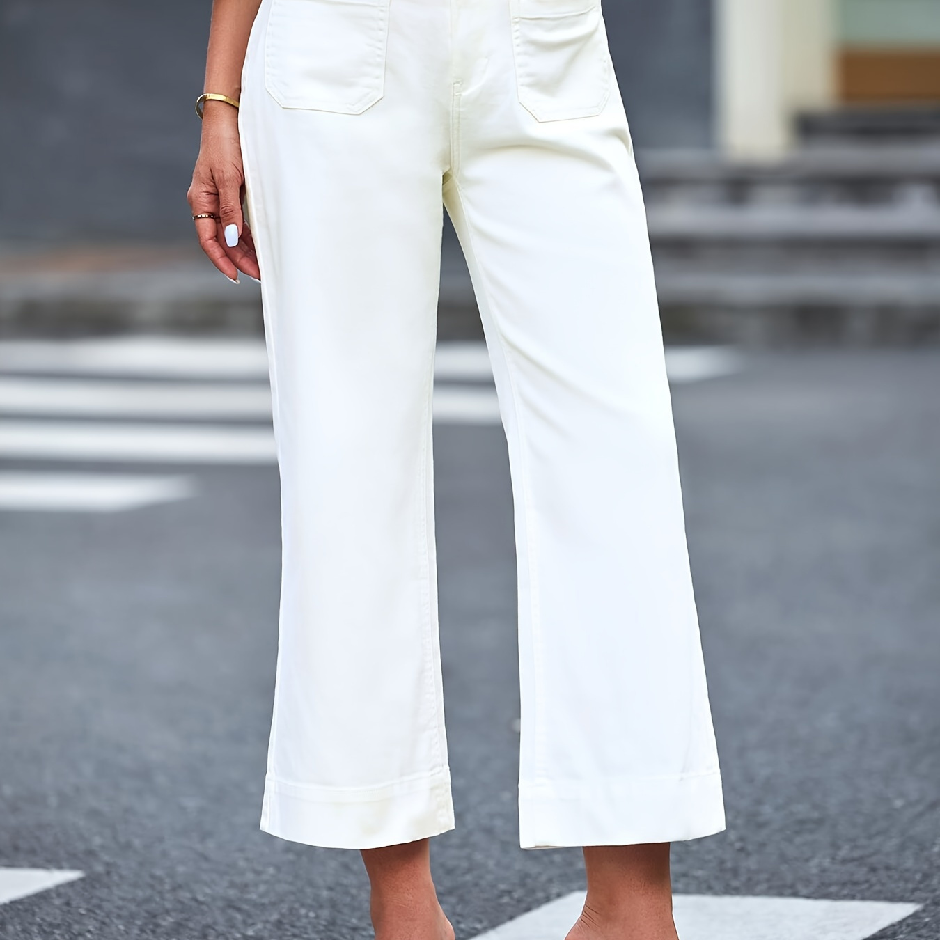 

Women's Plain White Wide Leg Cropped Jeans, Casual High-waist Denim Capris, Versatile Stretch Summer Pants