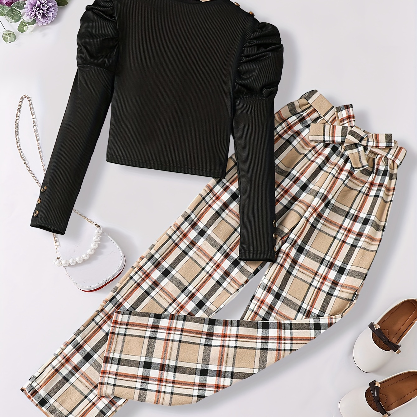 

2pcs/set Girl's Puff Long-sleeve Top + Plaid Straight Pants - Ideal For Casual Outings, Spring & Fall Clothes, As Gift