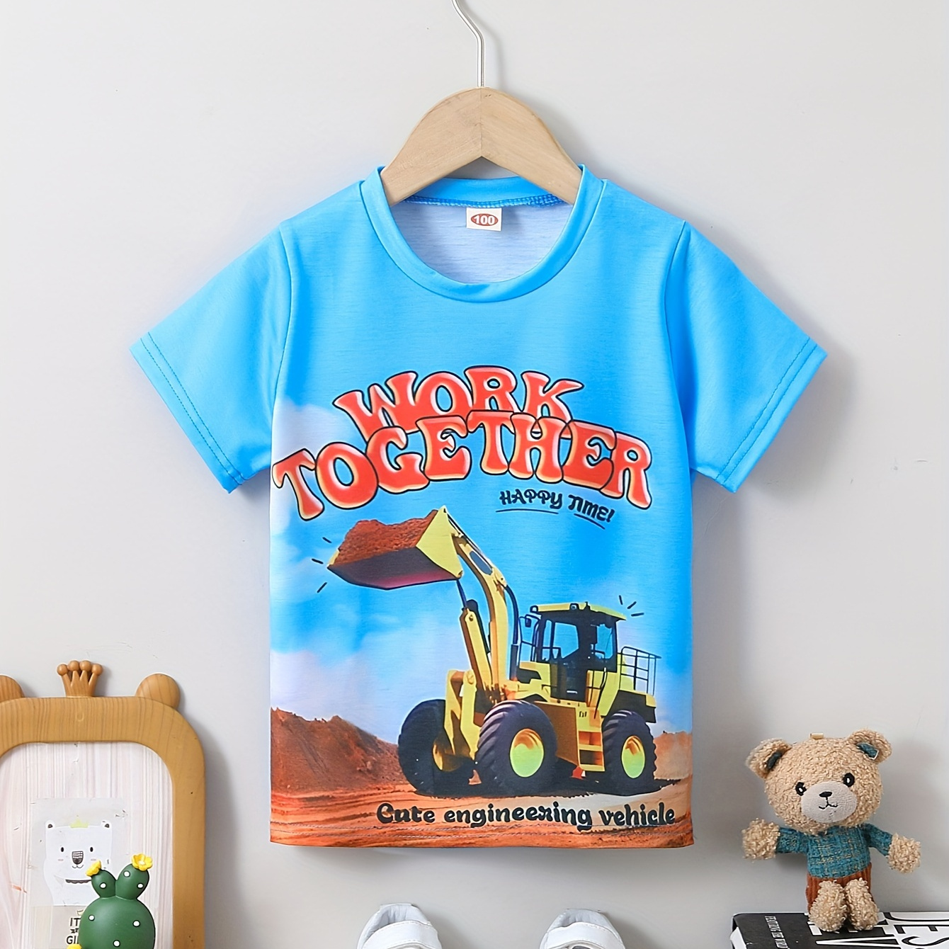 

Work Together And Excavator 3d Print Crew Neck T-shirt, Short Sleeve Casual Comfy Summer Tee Tops For Boys