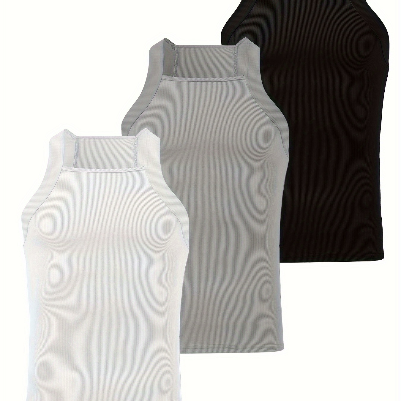 

Men's Polyester Tank Tops 3-pack - Athletic Sleeveless Crew Neck Vests With Collar, High Stretch Knit Fabric, Solid Color, For All