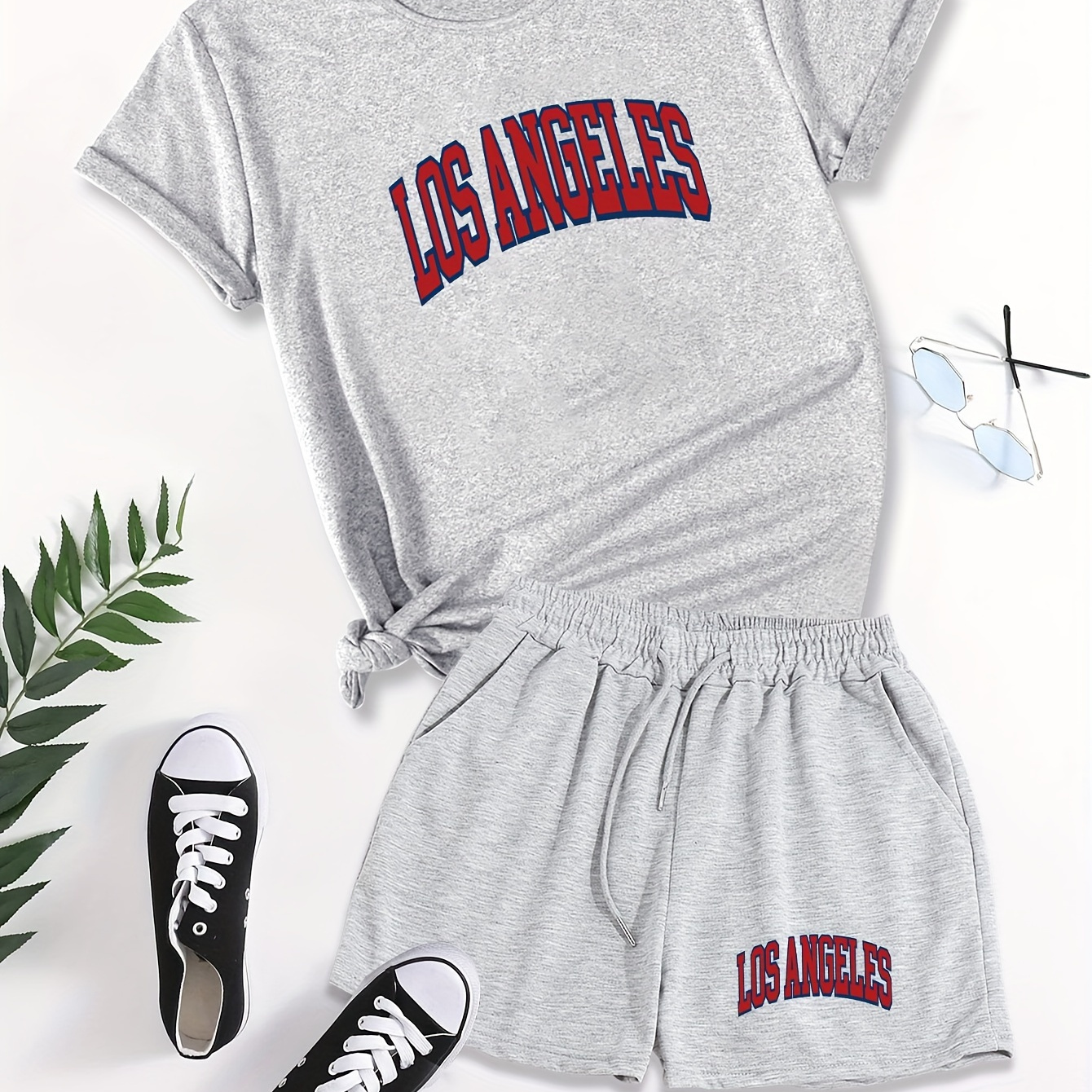 

Los Angeles Print Casual Shorts Set, Crew Neck Short Sleeve T-shirt & Elastic Waist Slant Pocket Drawstring Shorts Outfits, Women's Clothing