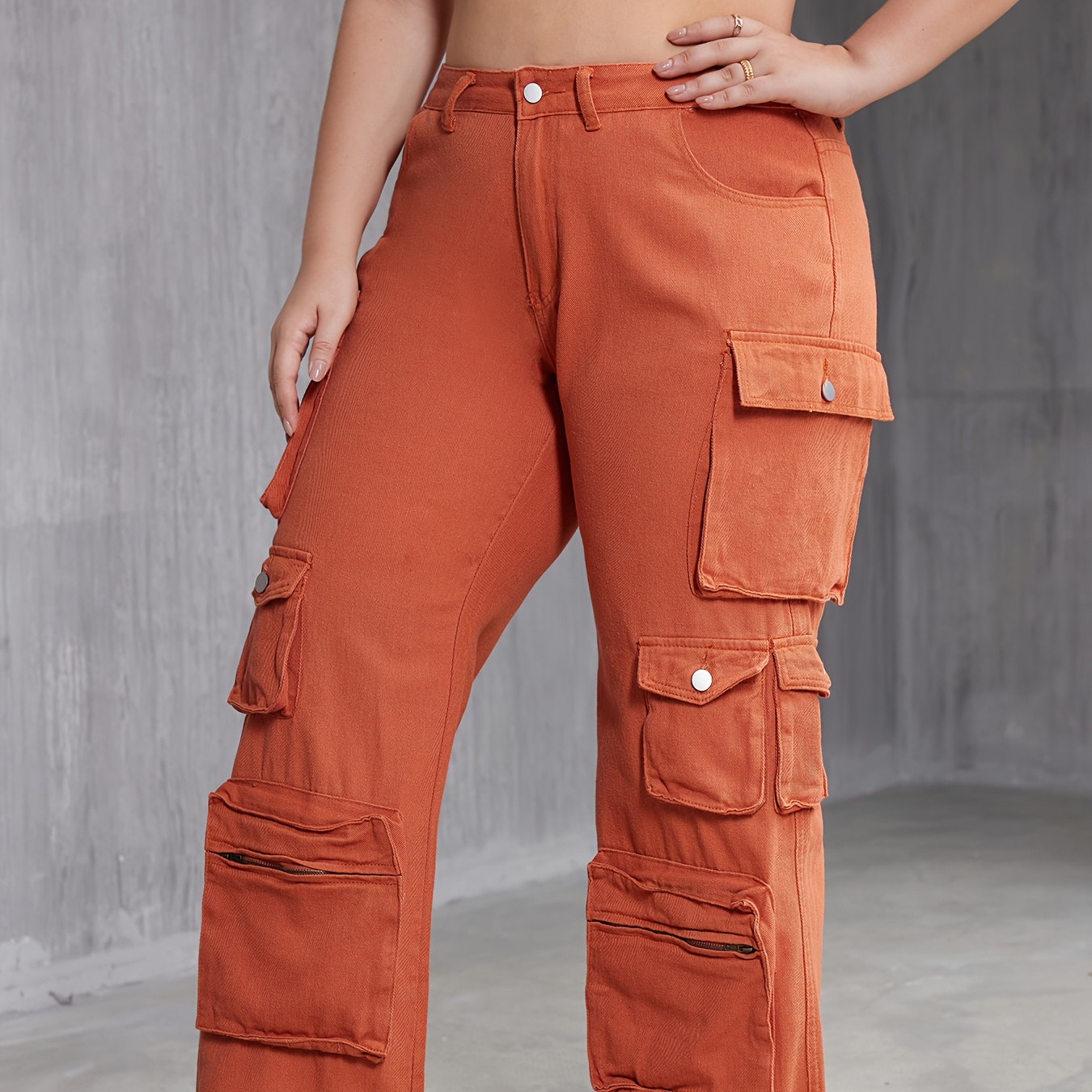 

Plus Size Casual Jeans, Women's Plus Solid Button Fly Wide Leg Cargo Jeans With Pockets