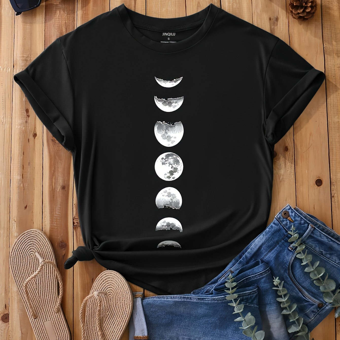 

Moon Neck T-shirt, Casual Short Sleeve T-shirt For , Women's Clothing