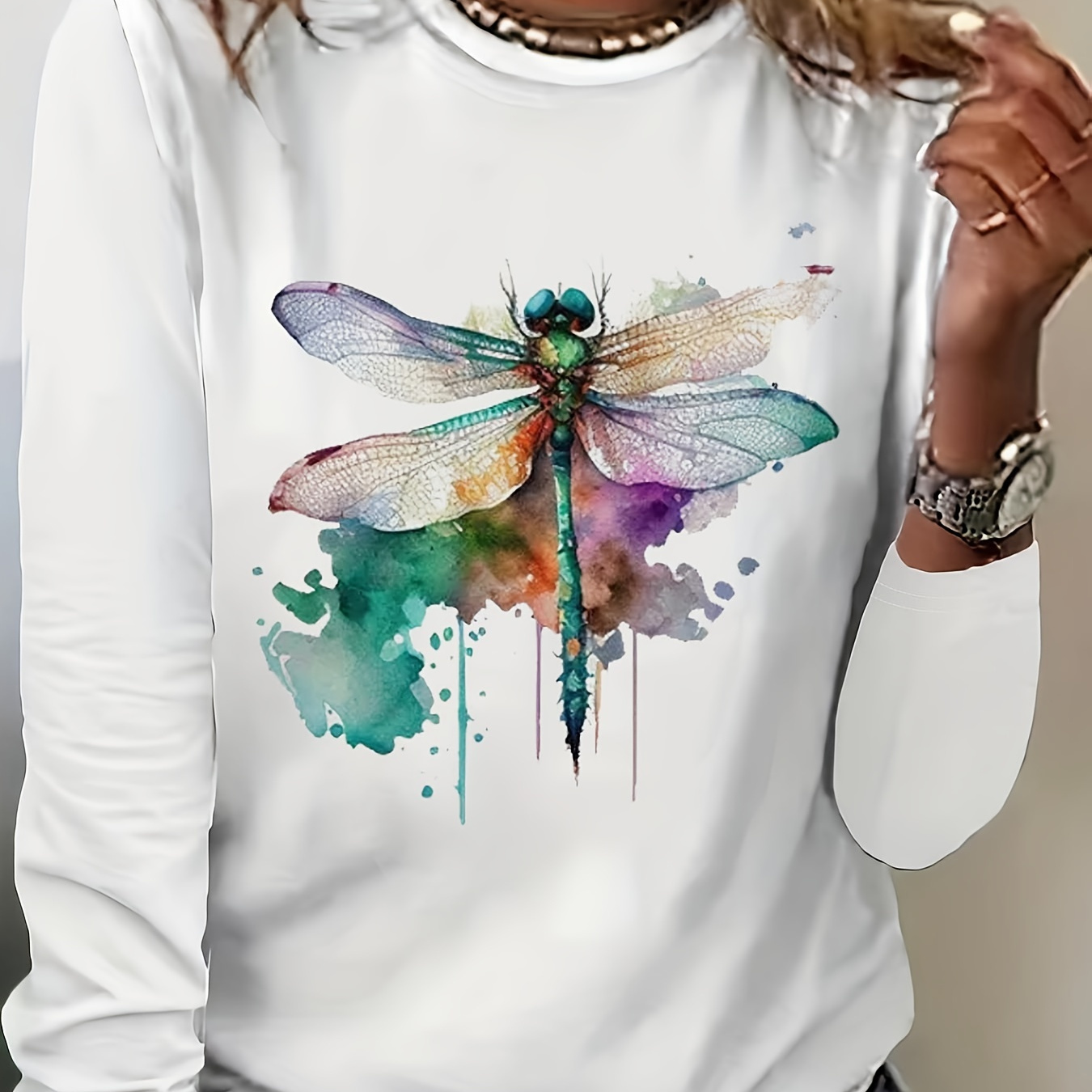 

Dragonfly Print Long Sleeve T-shirt, Casual Crew Neck Top For Spring & Fall, Women's Clothing