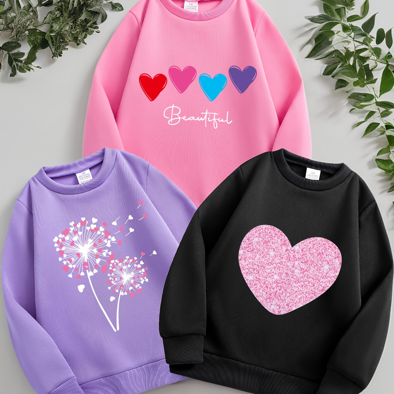 

3pcs Girls' Cozy Long Sleeve Crew Neck Sweatshirts With Heart & Dandelion Prints - Casual Knit Tops In Pink, Purple, Black For Fall/winter