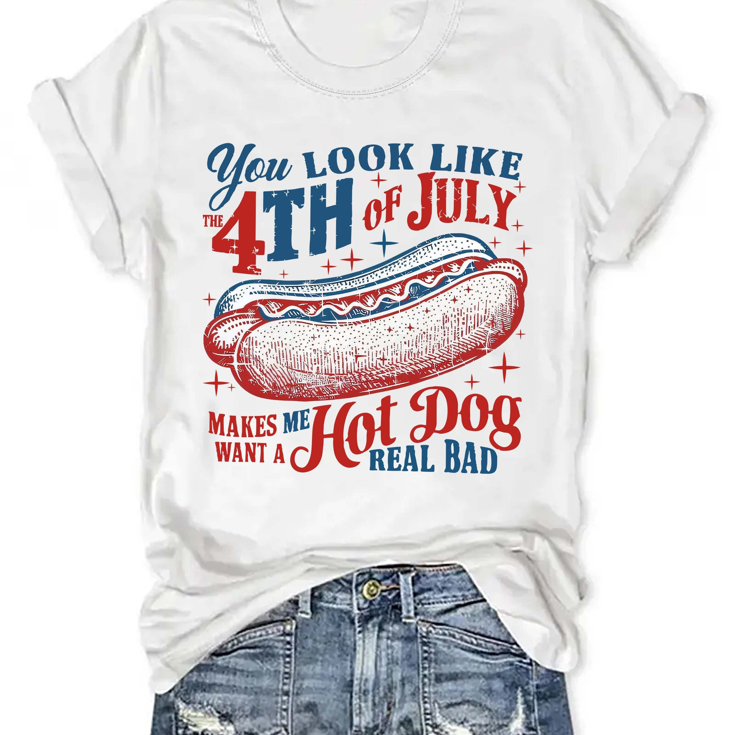 

Hot Dog Print T-shirt, Short Sleeve Crew Neck Casual Top For Summer & Spring, Women's Clothing