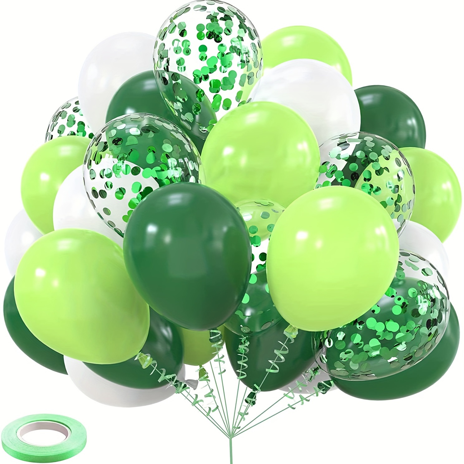 

Set/40pcs, Green And White Balloon Party Balloons With 33ft Ribbon - Jungle Party Decoration Green Confetti, Birthday Party - Strong Latex Balloon For Baby Shower