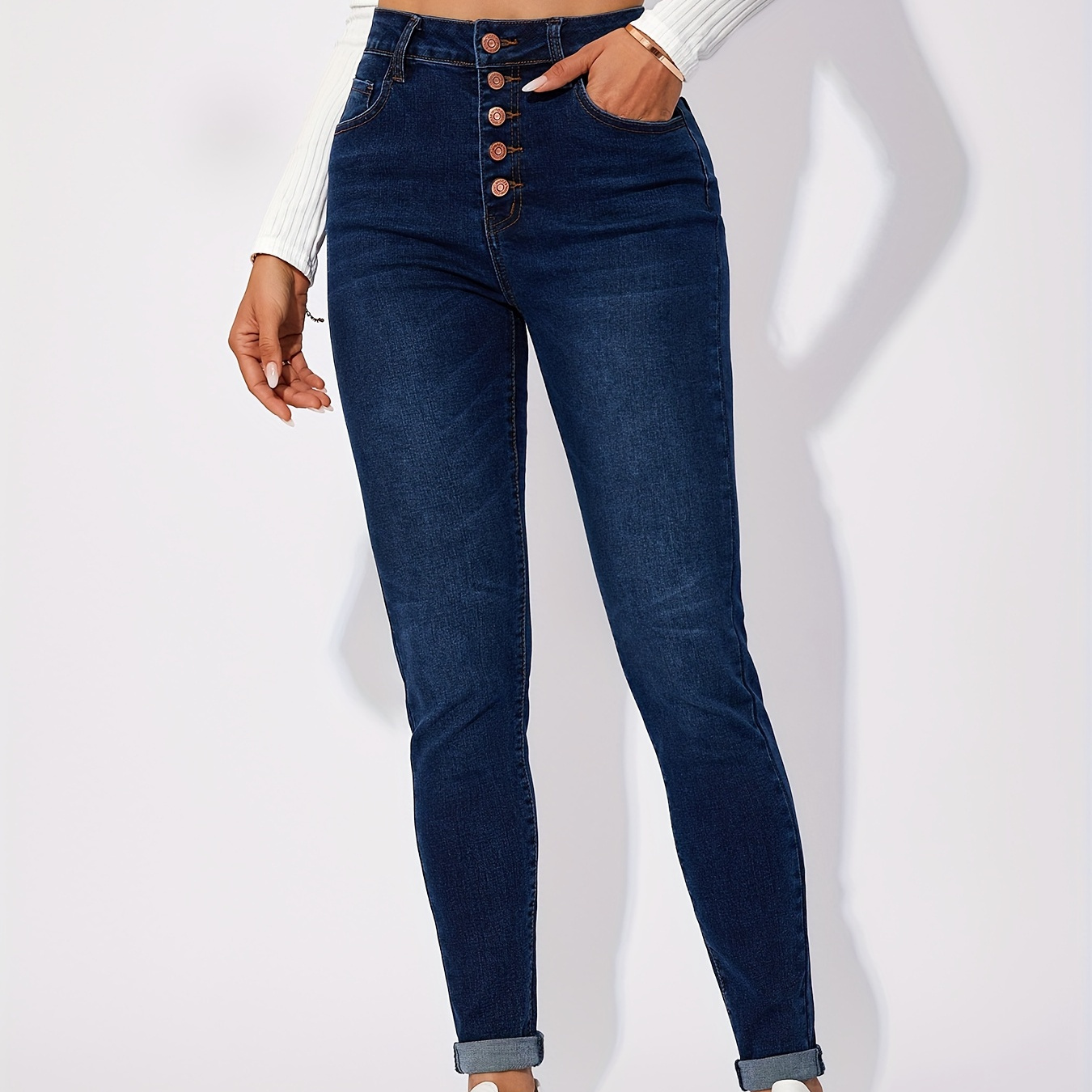 

Roll Up Hem Single-breasted High Waist Denim Pants, Ripped Patch Pocket Stretchy Elegant Skinny Jeans, Women's Denim Jeans & Clothing