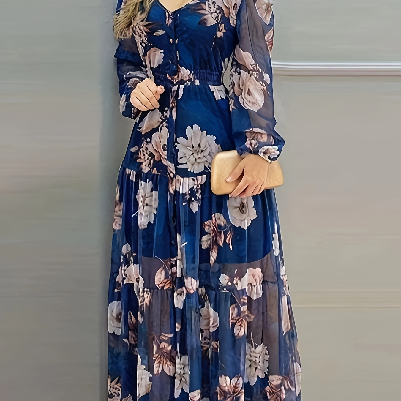

Robe longue à imprimé floral, col en V, 100% polyester, robe longue ajustée, robe tissée pour toutes les pour adultes