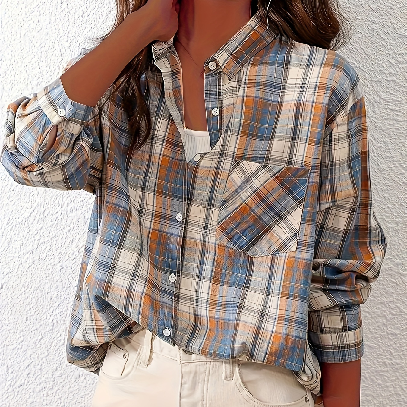 

Women's Classic Long Sleeve Blouse, Polyester Woven Shirt, With Lapel Collar And Button , For Spring/fall