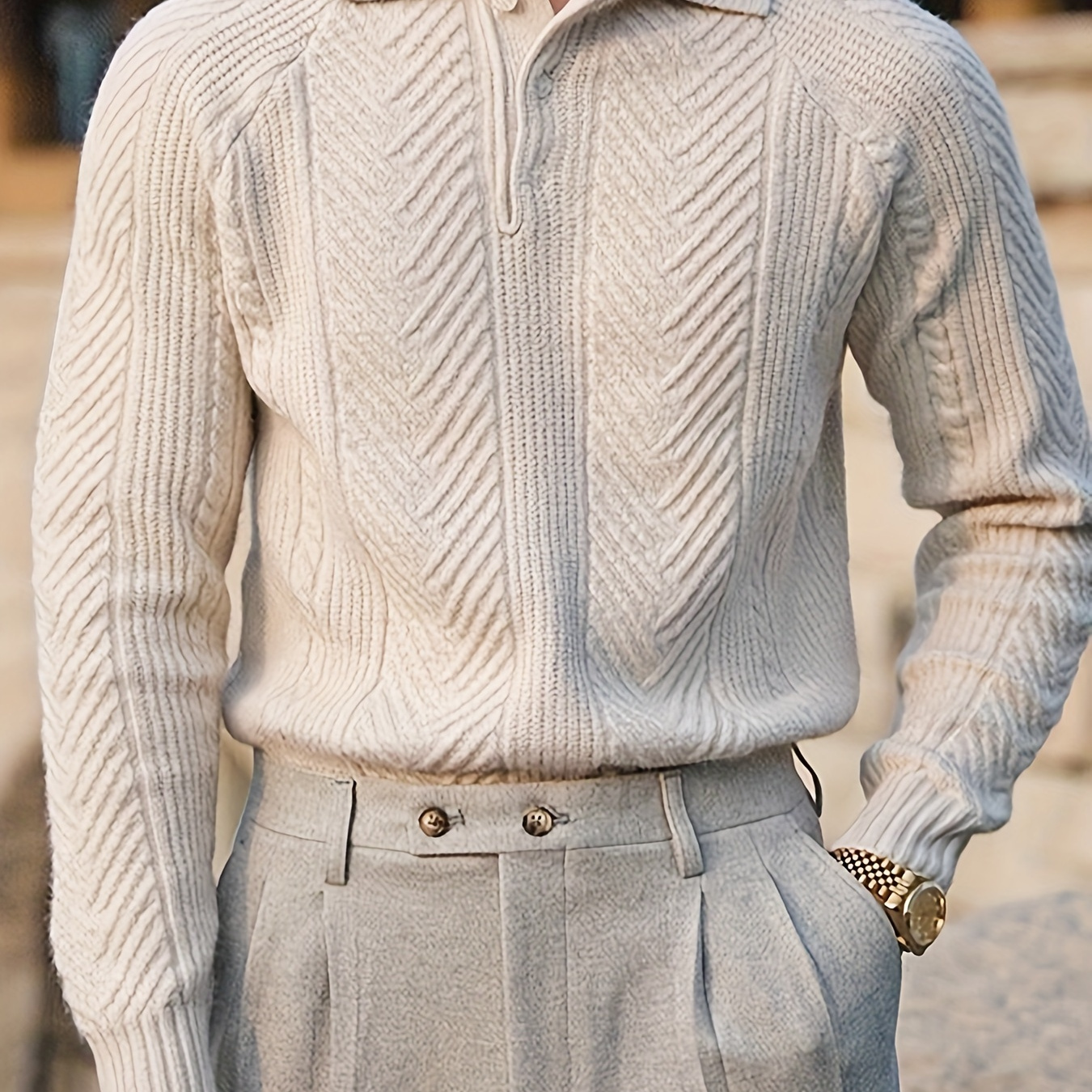 

Men'-inspired Cable Knit Shirt - Cozy Acrylic , Long Sleeve With Half-button , Ideal For Casual Wear