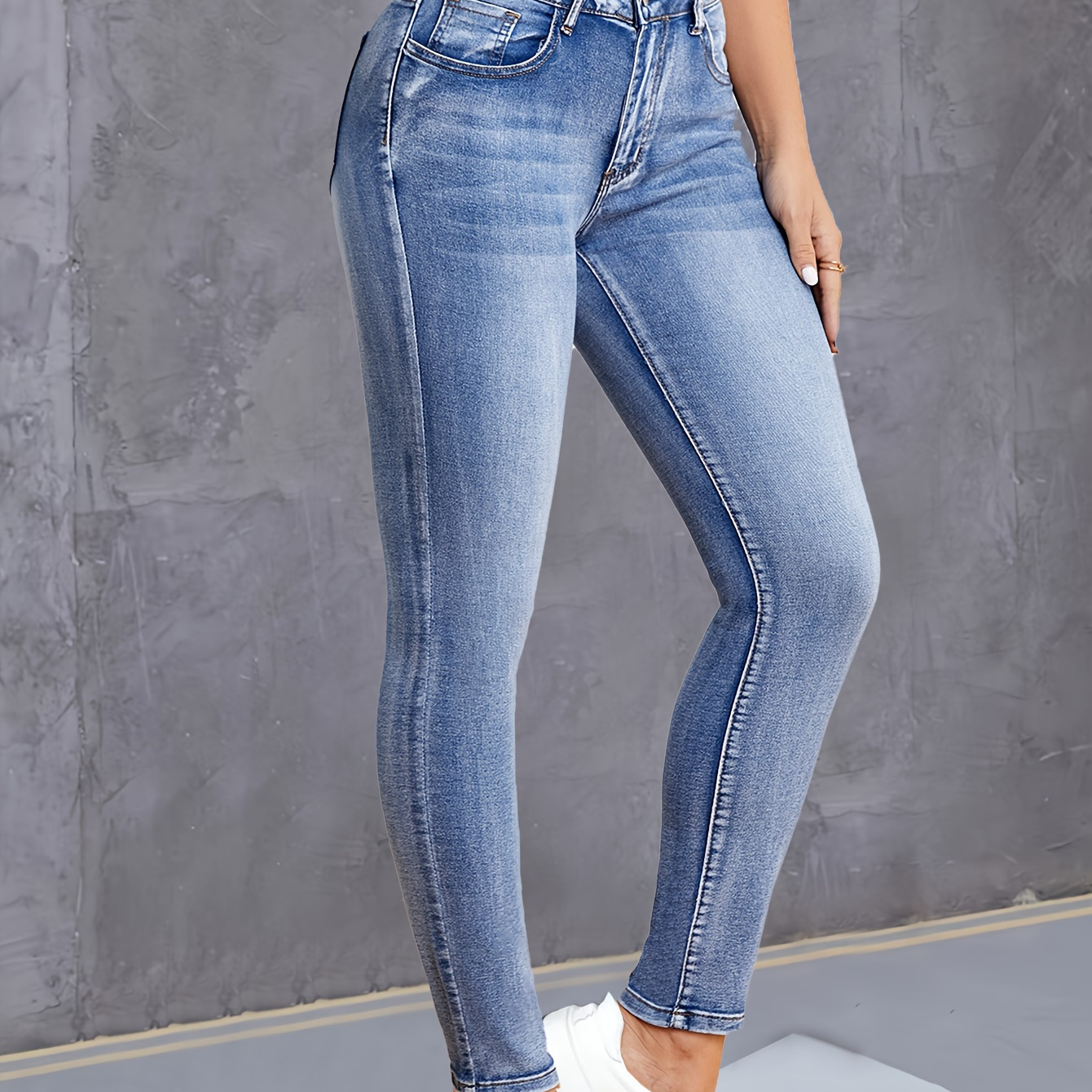 

Women's Fashionable Plain Blue Elastic High-waist Skinny Jeans, Slim Fit Ankle-length Denim Pants, Casual Preppy Style - Perfect For Fall & Winter