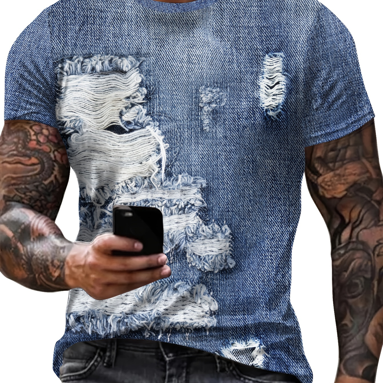 Fake Ripped Denim Digital Print Men's Creative Short Sleeve Crew Neck T-shirt, Summer Outdoor