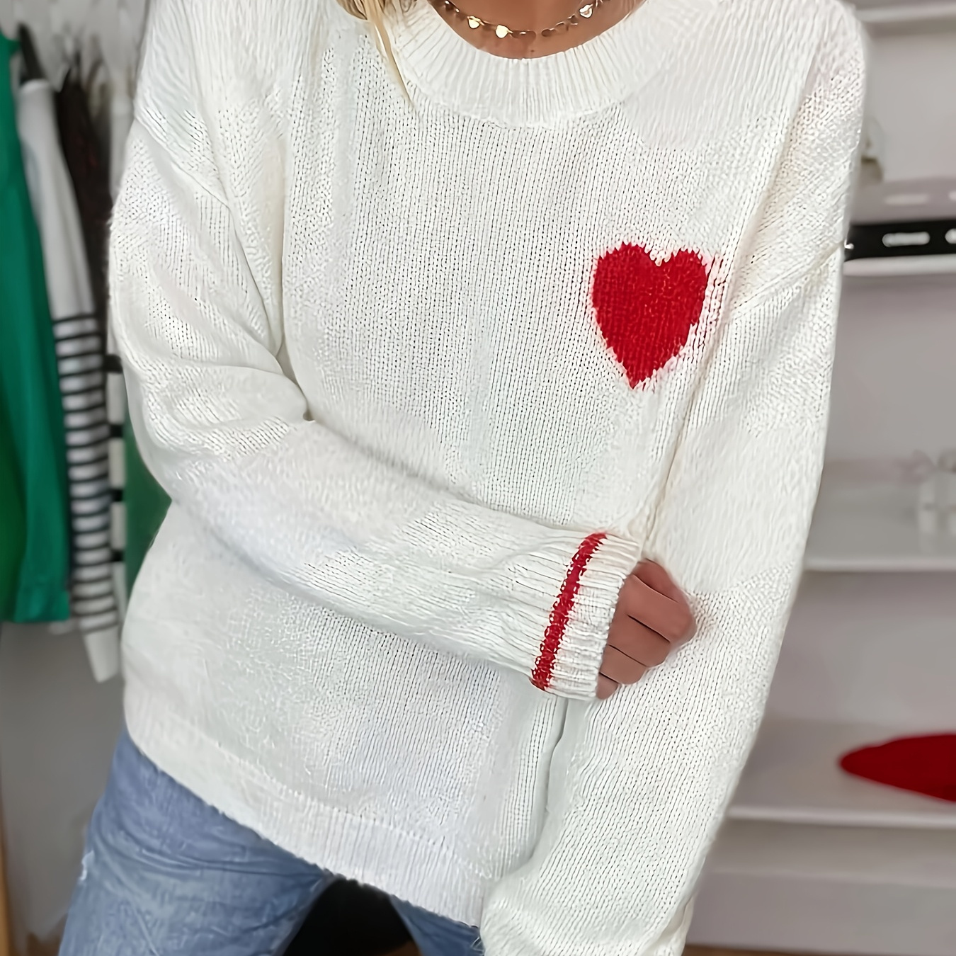 

Elegant -patterned Sweater For Women - Cozy Long Sleeve, Round Neck, Stretch Knit Pullover With Trim, Fall/winter & Valentine's Day Fashion