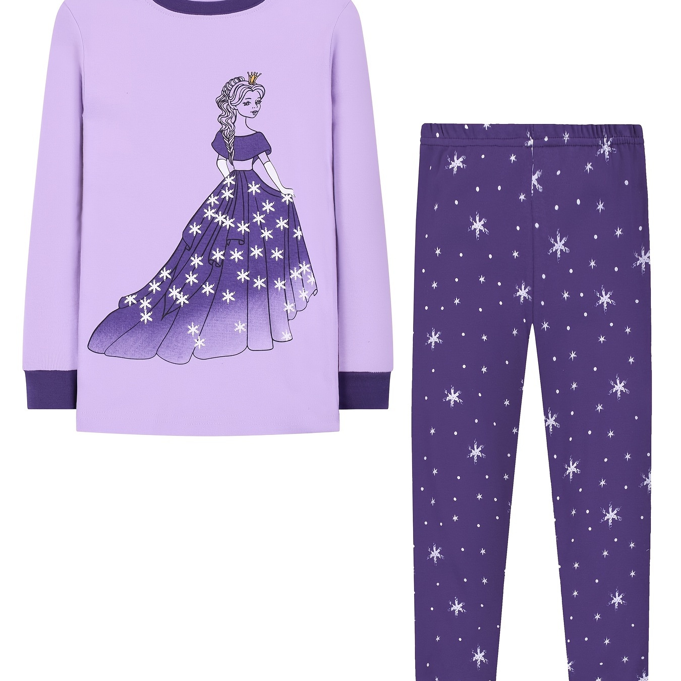 

Toddler Kid's 2pcs Cartoon Princess Pattern Pajamas, Long Sleeve Top & Snowflake Allover Print Pants Set, Comfy Casual Pj Set, Girl's Loungewear