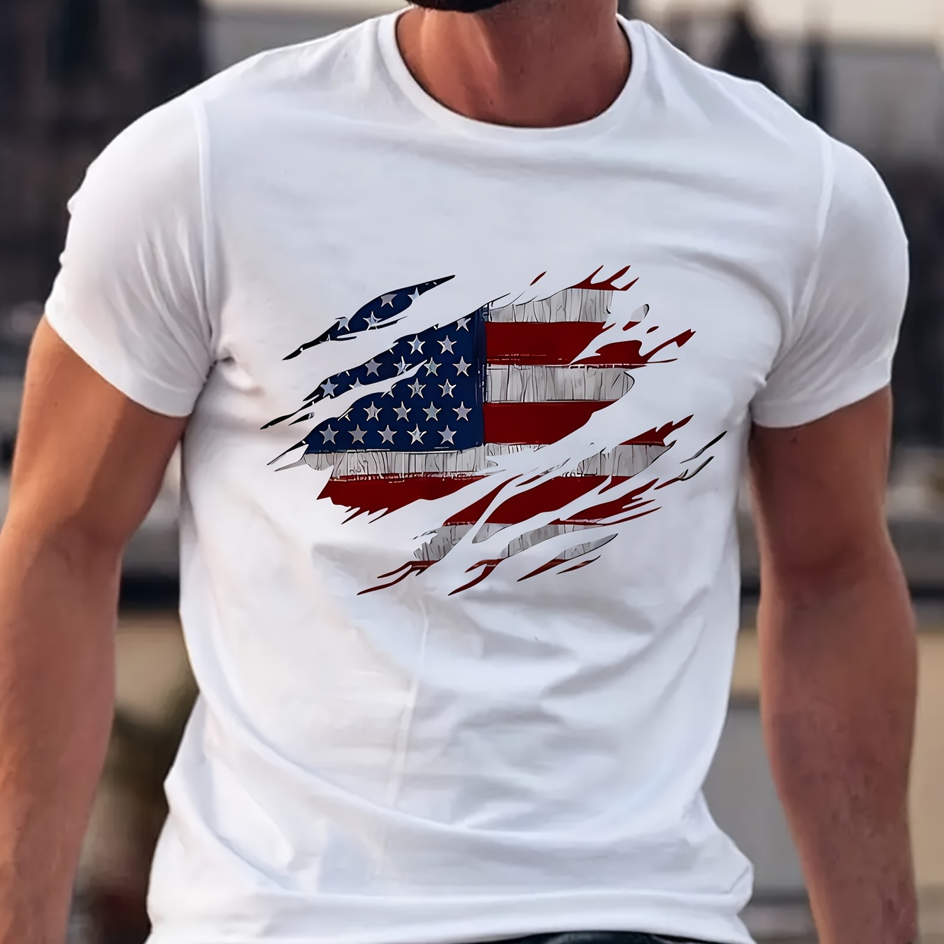 

American Flag Printed T-shirt Men's Casual Style Summer And Autumn Slightly Elastic Round Neck T-shirt