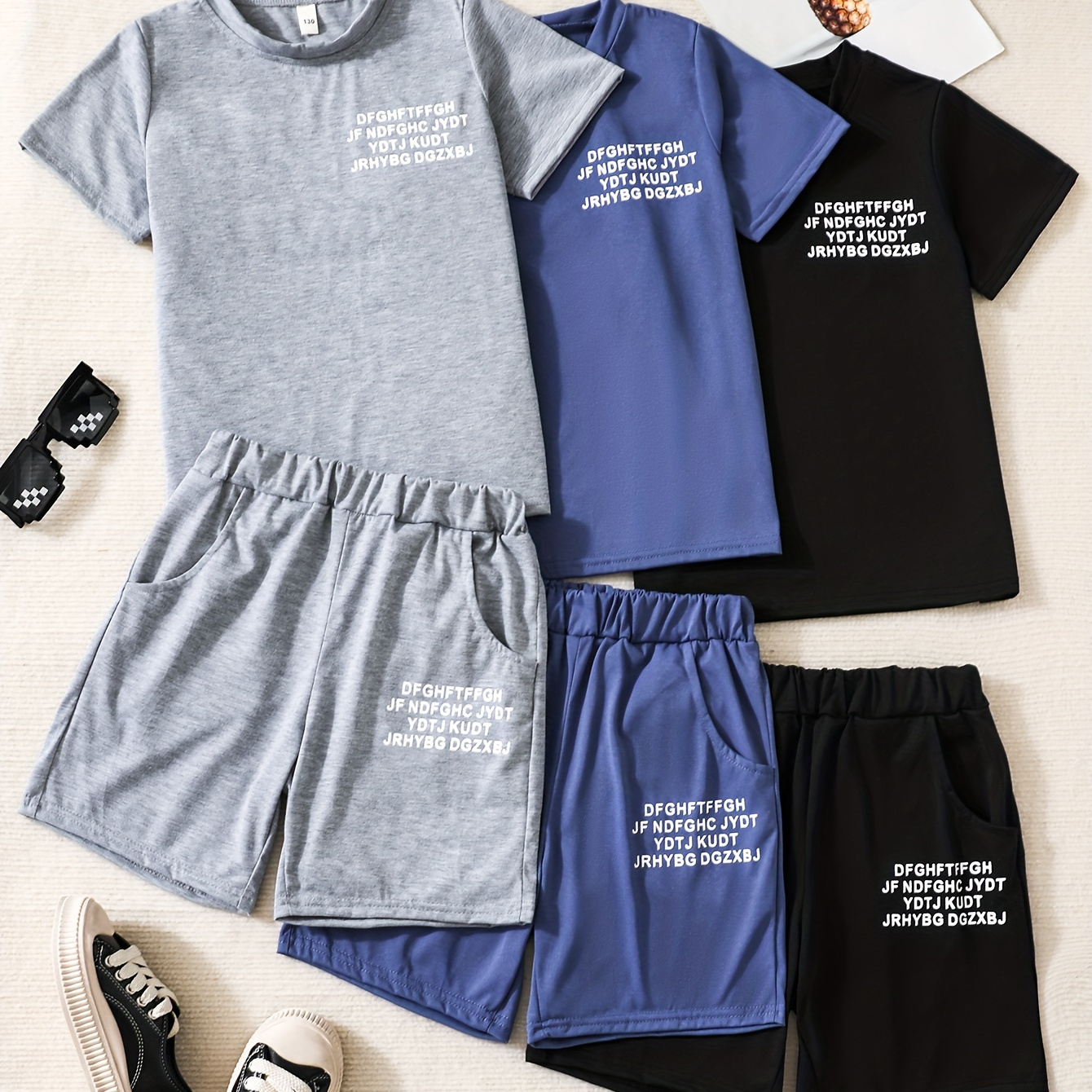 

6pcs Boys Casual Letter Graphic Print Short Sleeve 3pcs T-shirt & 3pcs Shorts Set, Comfy Summer Boys Clothes