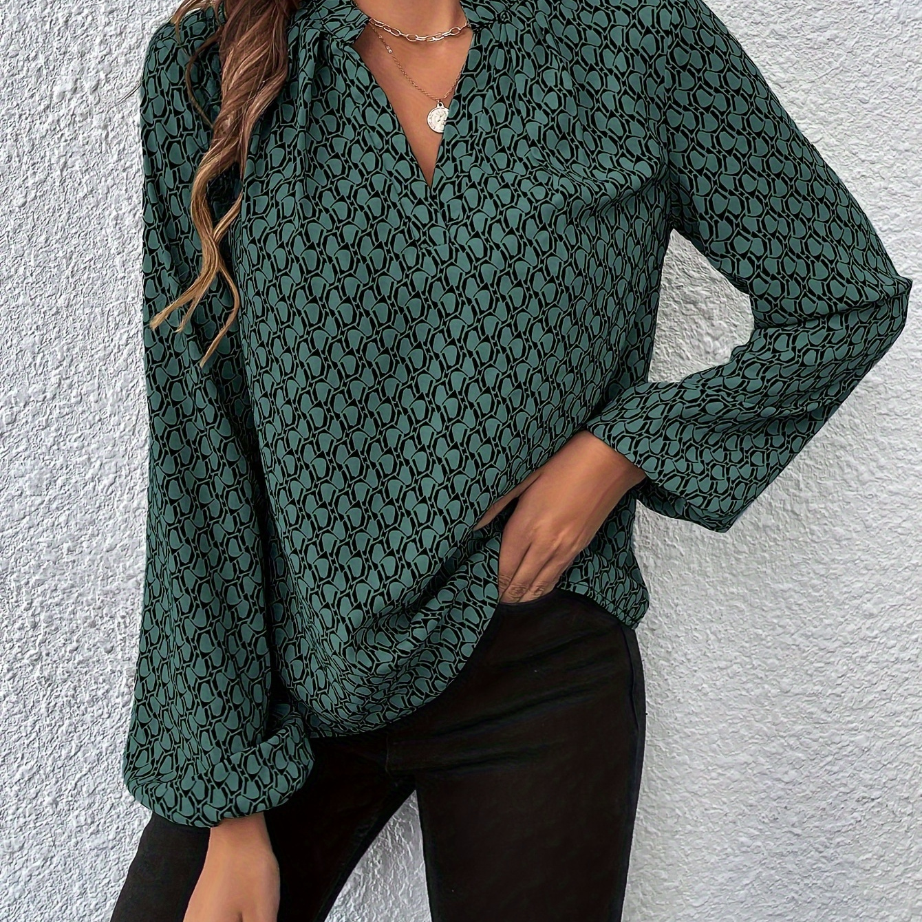 

Allover Print Notched Neck Blouse, Elegant Lantern Sleeve Blouse For Spring & Fall, Women's Clothing