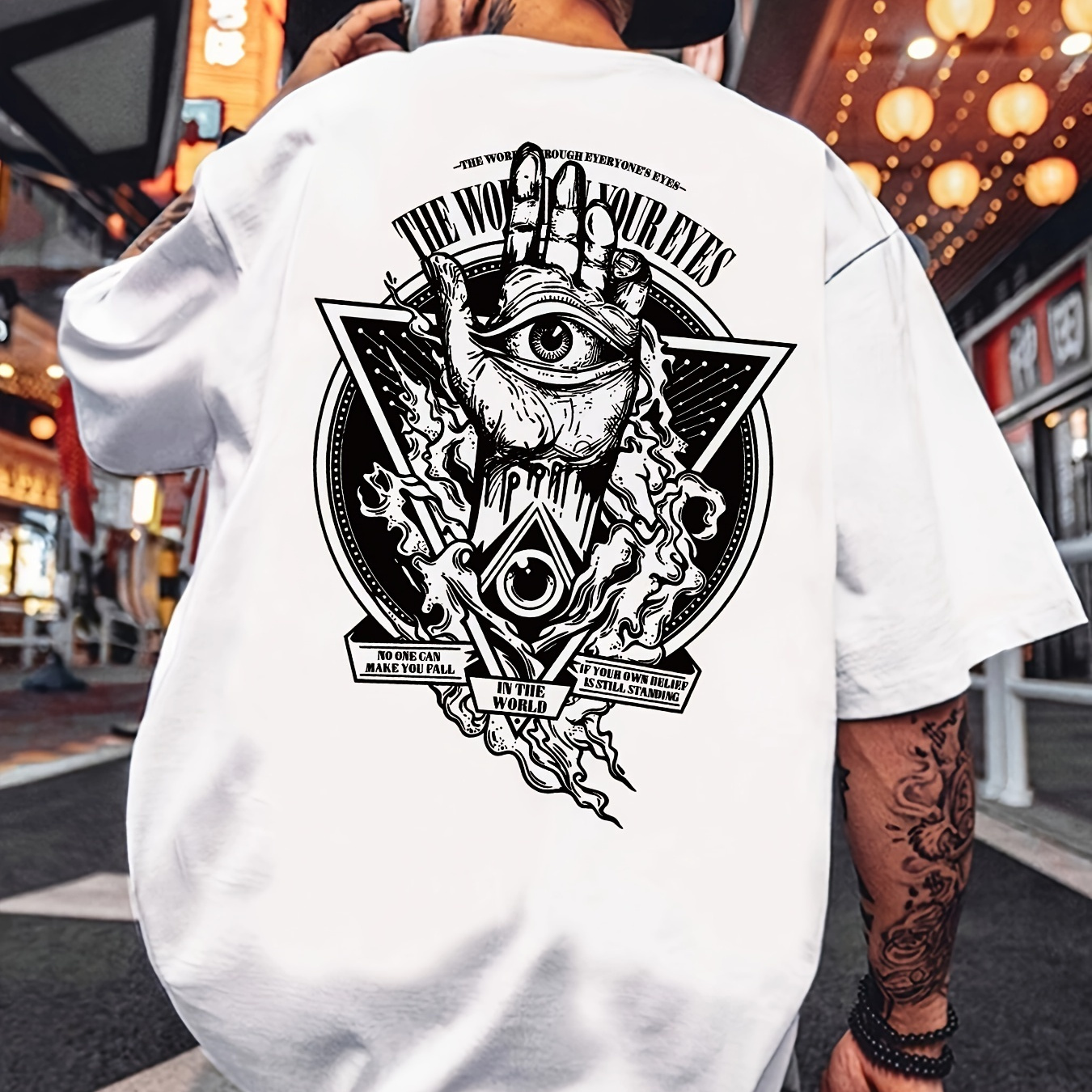 

Graphic Crew Neck T-shirt With Eye & Pyramid Design - Casual Polyester-spandex Blend Knitted Fabric, Regular Length, All-season Wear